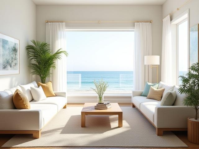 Coastal apartment living room with bright, airy design showcasing Southern Charm Interiors work