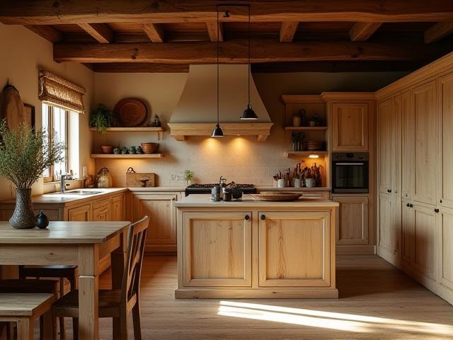Rustic kitchen interior with bespoke wooden cabinetry and soft warm lighting by Southern Charm Interiors