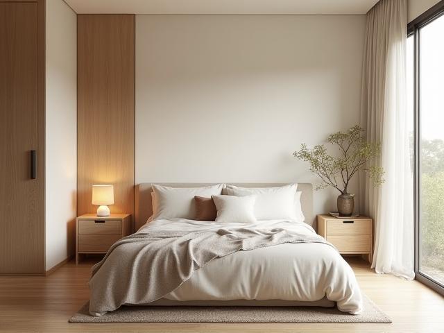Modern bedroom interior with clean lines and warm accents inspired by Queensland style