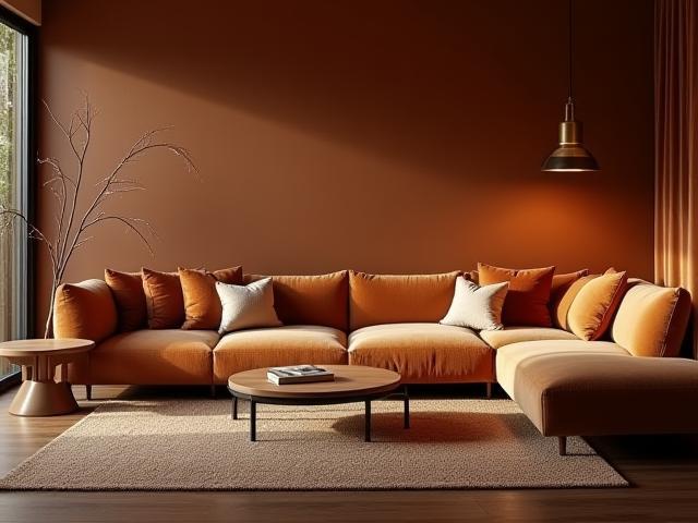Cozy living room project with plush seating and elegant lighting in warm earth tones