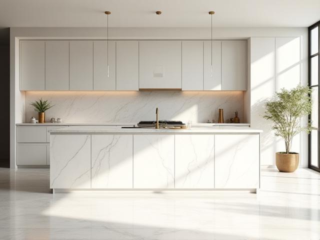 Modern kitchen with marble island and brass fixtures showcasing minimalist design