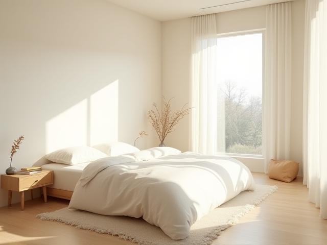 Serene minimalist bedroom with neutral palette and natural light